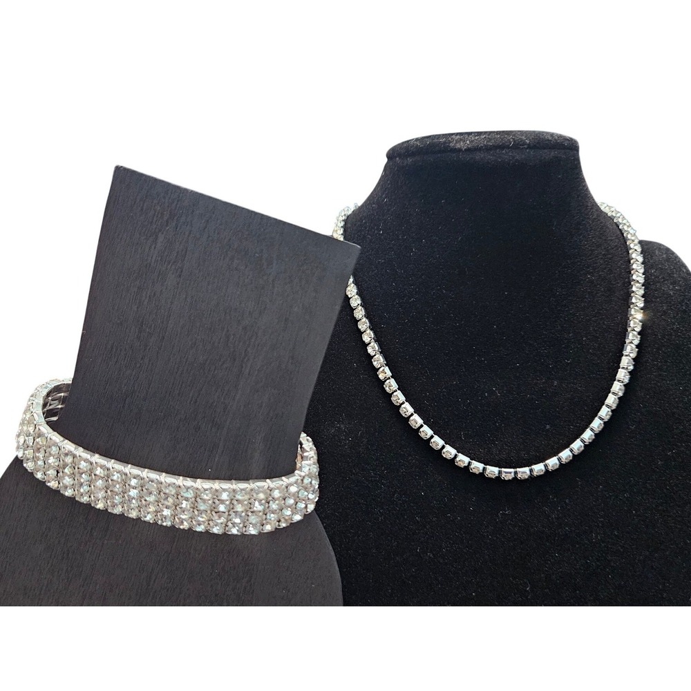 Silver Tone Rhinestone Tennis Necklace and 4-Row Stretch Bracelet Jewelry Set